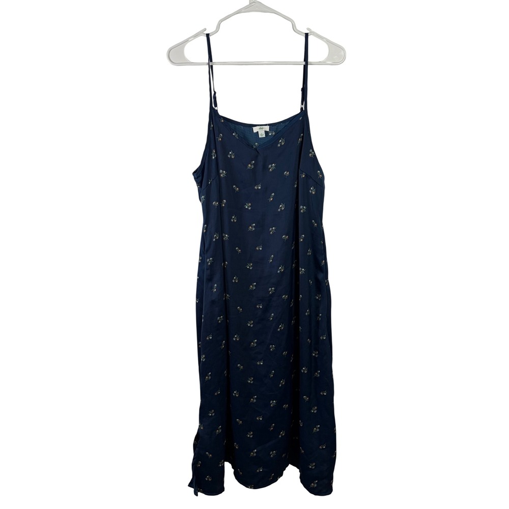 Dip Navy Blue Floral Midi Slip Dress Adjustable Straps Side Slit Size Womens L